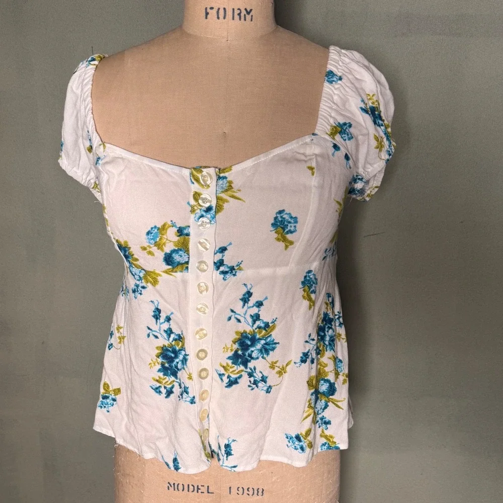 Free People Close To You Blouse Ivory Combo Floral Puff Sleeve New M
